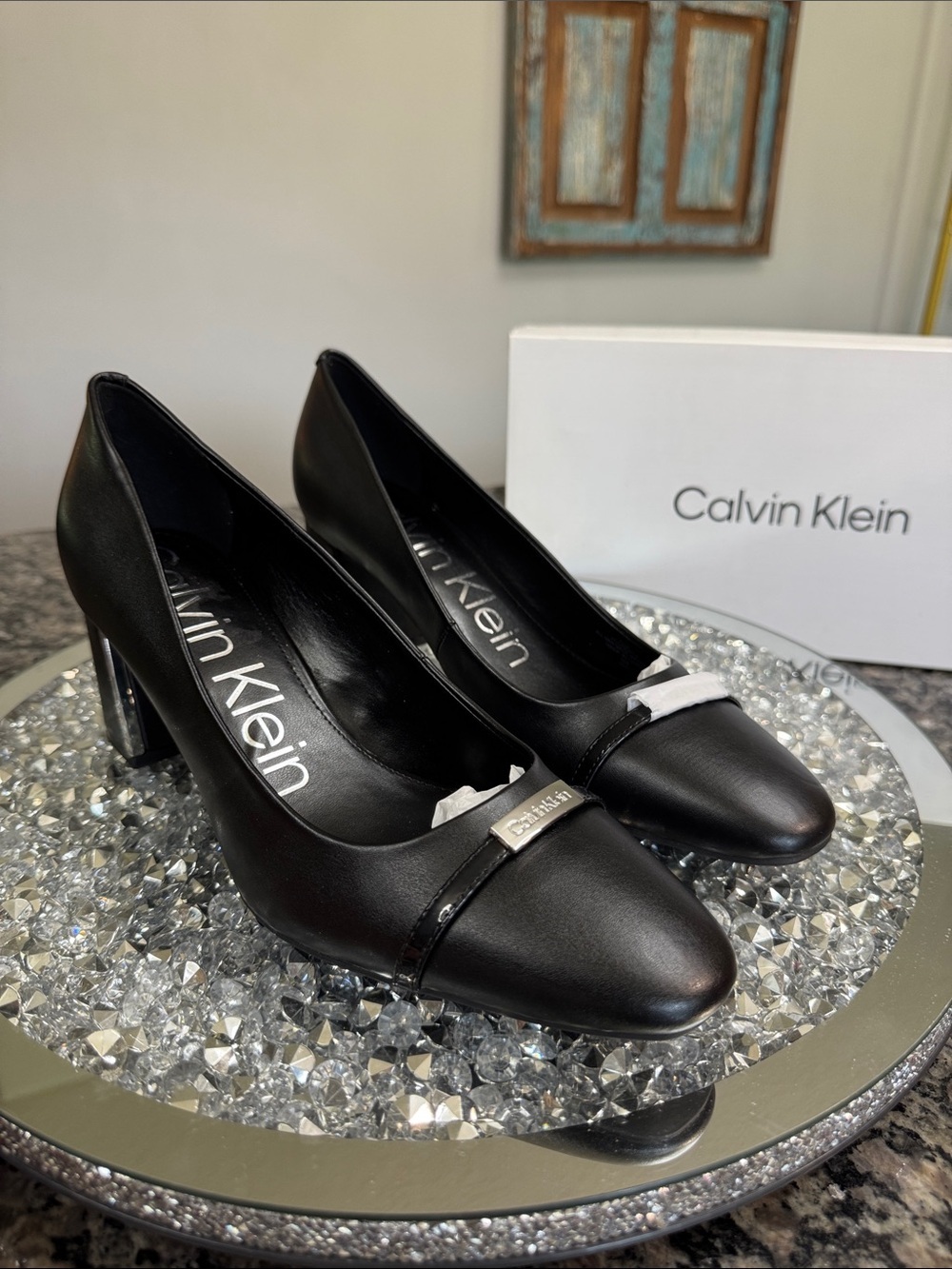 Calvin Klein Black Block Heel Pumps Silver Logo Accent on toe and heel nEW 9.5